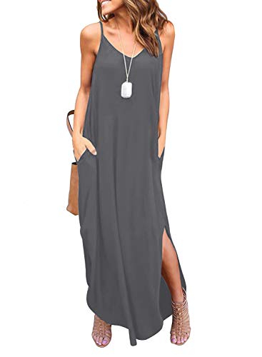 HUSKARY Damen Sommer Casual Ärmellos V Ausschnitt Trägerkleid Split Lose Kleid Strand Cover Up Lange Cami Maxi Kleider mit Tasche, dunkelgrau, Klein von HUSKARY