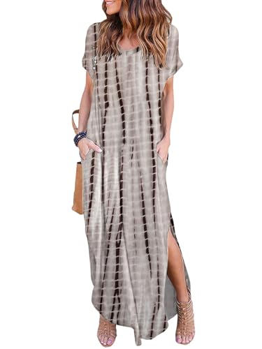 HUSKARY Damen Sommer-Maxi Kleid-beiläufige lose Taschen-Lange Kleid kurz Ärmel Split klein braun von HUSKARY