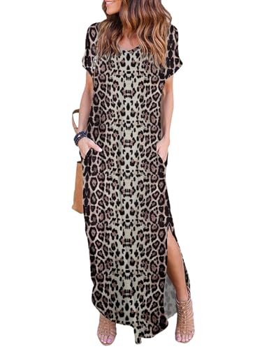 HUSKARY Damen Sommer Maxikleid Casual Lose Taschen Langes Kleid Kurzarm Split, Leopard, XX-Large von HUSKARY