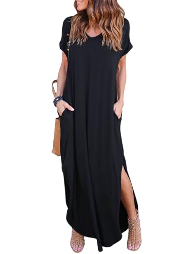 HUSKARY Damen Sommer Maxikleid Casual Lose Taschen Langes Kleid Kurzarm Split, Schwarz, X-Groß von HUSKARY