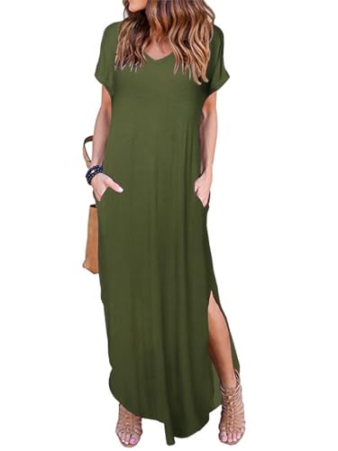 HUSKARY Damen Sommer Maxikleid Casual Lose Taschen Langes Kleid Kurzarm Split Maxikleider, Army Green 01, X-Groß von HUSKARY
