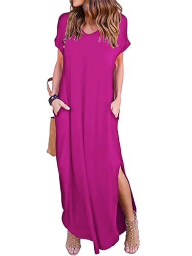 HUSKARY Damen Sommer Maxikleid Casual Lose Taschen Langes Kleid Kurzarm Split Maxikleider, Pflaume, X-Groß von HUSKARY