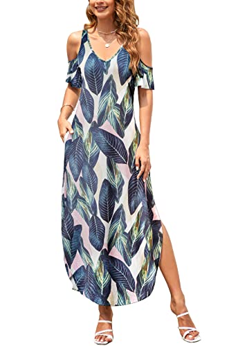 HUSKARY Damen Sommer Maxikleider V Ausschnitt Cold Shoulder Kurzarm Casual Lose Lang Split Kleid mit Tasche, Dunkle Blätter, Groß von HUSKARY