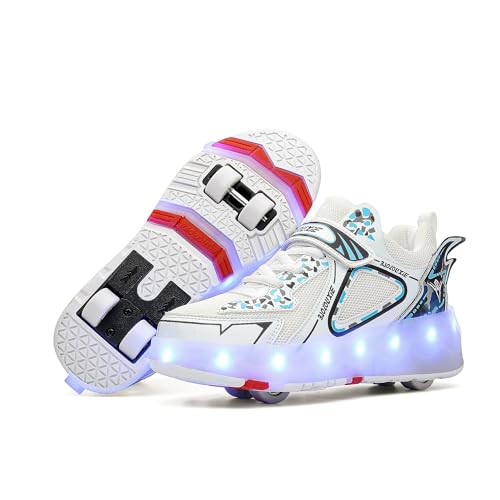 HUSKSWARE Rollschuhe Schuhe Jungen Mädchen Mit 4 Rollen Skateboardschuhe, verstellbar Jugend Schuhe mit Rollen, Weiß 34 EU von HUSKSWARE