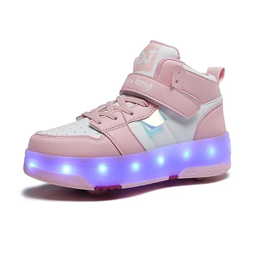 HUSKSWARE Kinder-Skateschuhe, Vier-Rad-Rollschuhe, LED-Rollschuhe (wiederaufladbar), Multifunktionssportschuhe, Klettverschluss-Schuhe, Unisex-Modelle, Rosa 33EU von HUSKSWARE