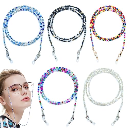 HUSOUE 5 Stück Brillenkette Damen, 83 cm Acrylperlen Brillenband Bunte Anti-Verlust Brillenschnur um den Hals Hängende Maskenkette für Sonnenbrillen Sportbrillen Lesebrillen von HUSOUE