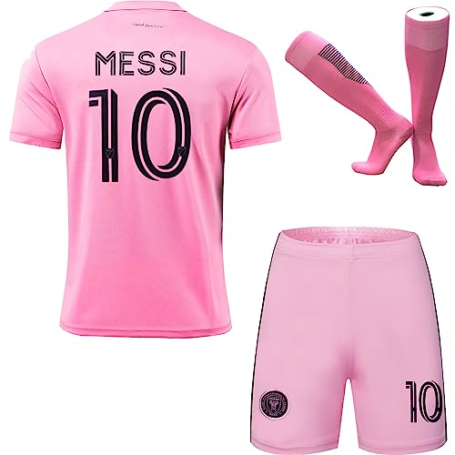 HUSSATEX Miami 2023/2024 Messi #10 Heim Kinder Fußball Trikot & Shorts mit Socken Jugendgrößen (Rosa,28) von HUSSATEX