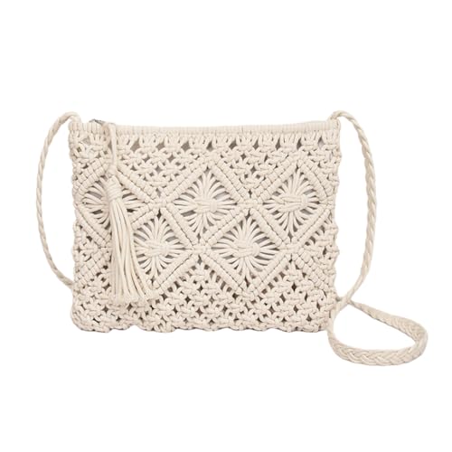 HUSSATOP Gehäkelte Schultertasche für Damen, Strand, gewebte Umhängetasche, Handtasche, Umhängetasche mit Quaste, Weiss/opulenter Garten, Einheitsgröße von HUSSATOP