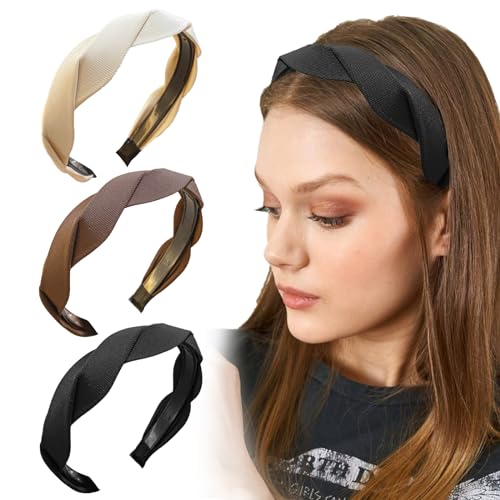 HUTRADE 3 Stück Mode Haarreifen für Damen und Mädchen, Breiter Geflochtener haarreif, Stoff Haarbänder mit Zähnen, 3cm Rutschfeste haarreif Accessoires, 3 Farben von HUTRADE