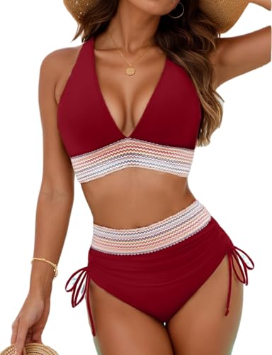 HUTRADE Bikini Damen Set Sexy Badeanzug Bademode Hohe Taille Farbblock Zweiteiliger Kordelzug Badeanzüge Bikinis für Frauen 2025 Sommer (DE/NL/SE/PL, Alphanumerisch, L, Regular, Regular, Weinrot) von HUTRADE