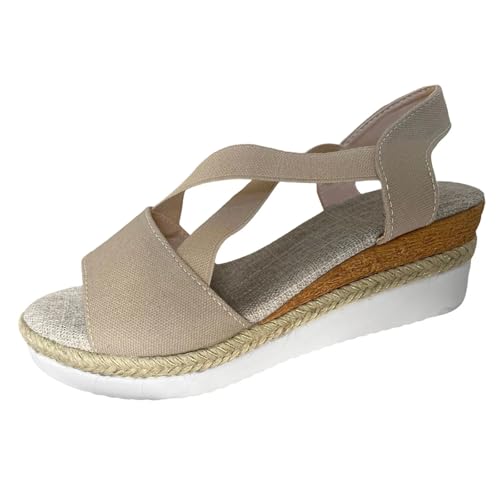 HUTRADE Summer Platform Wedge Sandals Women's Plus Size Peep Toe Elastic Strap Gladiator Sandals Women Patchwork Thick Bottom Sandals(Beige,38) von HUTRADE