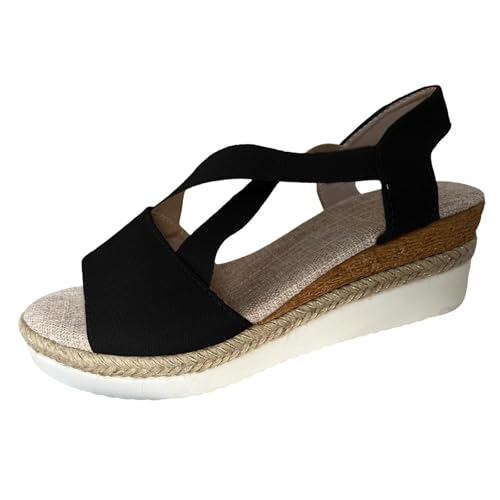 HUTRADE Summer Platform Wedge Sandals Women's Plus Size Peep Toe Elastic Strap Gladiator Sandals Women Patchwork Thick Bottom Sandals(Black,41) von HUTRADE