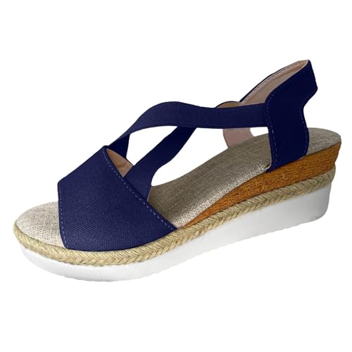 HUTRADE Summer Platform Wedge Sandals Women's Plus Size Peep Toe Elastic Strap Gladiator Sandals Women Patchwork Thick Bottom Sandals(Navy,38) von HUTRADE