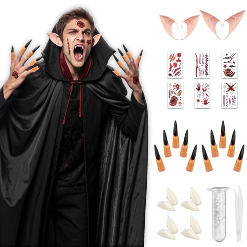 HUTRADE Vampir Zähne Halloween Set – 8 Vampirzähne mit 1 Tube Zahnpelletkleber, 2 Paar Elfenohren, 6 Halloween Tattoos & 10 Krallen, Cosplay Zubehör für Kinder & Erwachsene, Horror Party & Karneval von HUTRADE