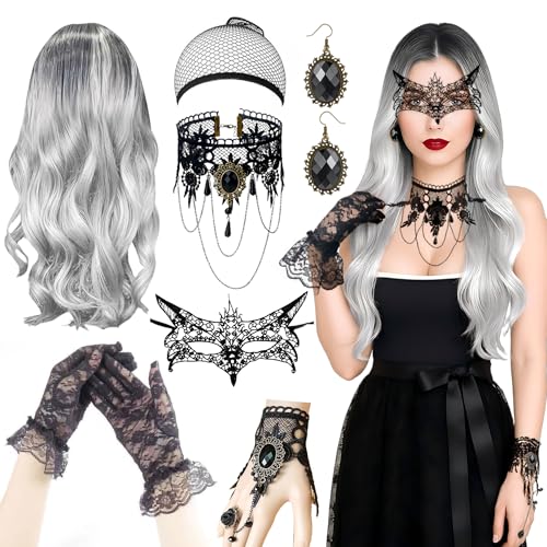 Halloween Perücke Damen Silbergrau - Ombre Lang Locken mit Haarnetz Ohrring Halloween Accessoires, Atmungsaktiv, Leicht, Natürliche Haaroptik, Optimal für Cosplay, Events und Festliche Anlässe von HUTRADE