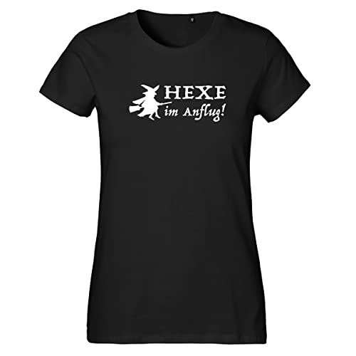 HUURAA Damen T-Shirt Hexe im Anflug Bio Baumwolle Fairtrade Oberteil Größe XL Black mit witzigem Motiv Geschenk Idee für Freunde und Familie von HUURAA