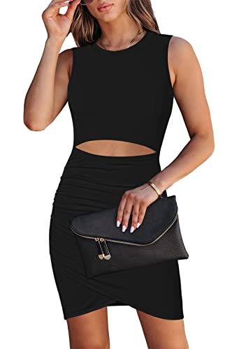 HUUSA Damen Crewneck Ärmellos Cutout Bodycon Minikleid Casual Sommer Slim Fit Cocktail Party Wrap Kurze Kleider Outfits, Schwarz, Groß von HUUSA