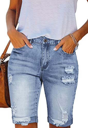 HUUSA Damen High Waist Ripped Denim Shorts Ausgefranster Saum Destroyed Mid Oberschenkel Kurze Jeans Casual Bermuda Shorts mit Tasche, C - Hellblau, Klein von HUUSA