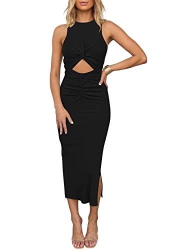 HUUSA Damen Sexy Ärmelloses Hollow Out Slim Bodycon Kleid Rundhalsausschnitt Crisscross Twist Rüschenschlitz Rippstrick Tank Midi Kleid, Schwarz, Groß von HUUSA