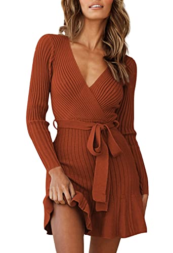 HUUSA Damen Sexy V Ausschnitt Wrap Pulloverkleid Casual Langarm Slim Bodycon Rüschen Saum Party Pullover Minikleider mit Gürtel, A - Braun, X-Groß von HUUSA