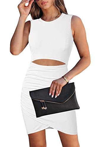 HUUSA Frauen Bodycon Tank Kurze Kleider Casual Weich Rundhals Ausschnitt Taille Ruched Slim Fit Kleider Dehnbar Gerippt Sommer Plissee Mini Sommerkleid Weiß S von HUUSA