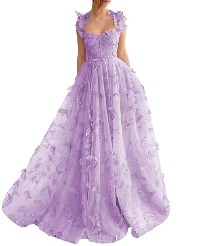 3D-Schmetterlinge Tüll Abschlussballkleider für Teenager 2025 Spaghettiträger Sweethert Lace Applique Korsett formelle Kleider mit Schlitz, Lavendel, 6 von HUUTOE