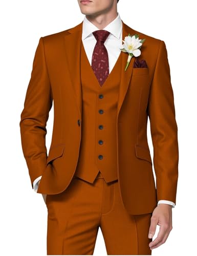 HUUTOE Herren 3-teilige Anzüge Slim Fit Hochzeit Anzüge für Männer Abschlussball Kleid Anzug Sommer Blazer Jacke Weste Hose Smoking Set Herren, Orange/Abendrot im Zickzackmuster (Sunset Chevron), L von HUUTOE