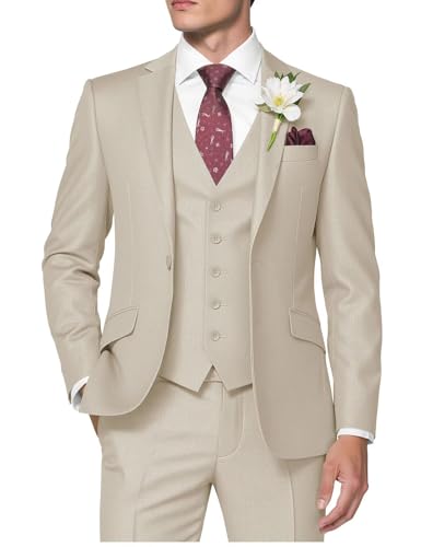 HUUTOE 3-teilige Herrenanzüge Slim Fit Abschlussball Anzüge für Männer Hochzeitskleid Anzug Sommer Blazer Jacke Weste Hose Smoking Set, Beige, M von HUUTOE