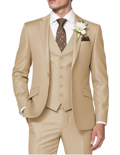 HUUTOE 3-teilige Herrenanzüge Slim Fit Abschlussball Anzüge für Männer Hochzeitskleid Anzug Sommer Blazer Jacke Weste Hose Smoking Set, Champagner, L von HUUTOE