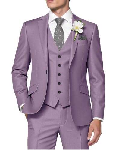 HUUTOE 3-teilige Herrenanzüge Slim Fit Abschlussball Anzüge für Männer Hochzeitskleid Anzug Sommer Blazer Jacke Weste Hose Smoking Set, Flieder, L von HUUTOE