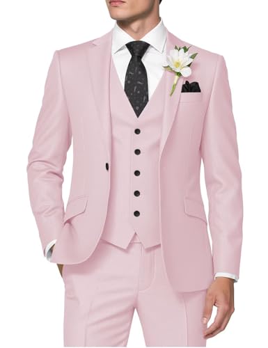 HUUTOE Herren 3-teiliger Anzug Slim Fit Business Hochzeit Trauzeugen Abschlussball Anzüge Ein-Knopf-Blazer Jacke Weste Hose Smoking Set, Helles Pink, M von HUUTOE