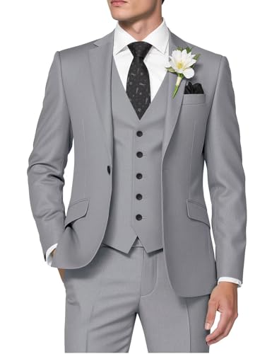 HUUTOE 3-teilige Herrenanzüge Slim Fit Abschlussball Anzüge für Männer Hochzeitskleid Anzug Sommer Blazer Jacke Weste Hose Smoking Set, Hellgrau, 4XL von HUUTOE