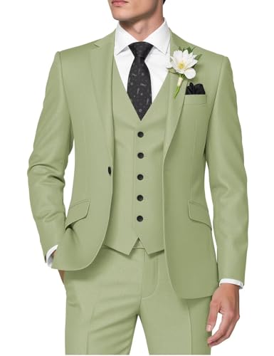 HUUTOE Herren 3-teiliger Anzug Slim Fit Business Hochzeit Trauzeugen Abschlussball Anzüge Ein-Knopf-Blazer Jacke Weste Hose Smoking Set, Hellgrün, S von HUUTOE