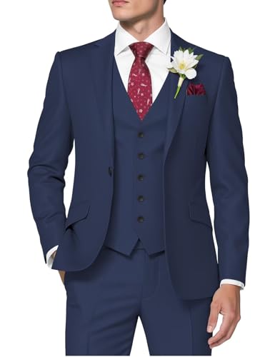HUUTOE Herren 3-teilige Anzüge Slim Fit Hochzeit Anzüge für Männer Abschlussball Kleid Anzug Sommer Blazer Jacke Weste Hose Smoking Set Herren, Marineblau, XX-Large von HUUTOE