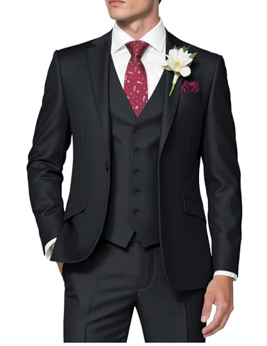 HUUTOE 3-teilige Herrenanzüge Slim Fit Abschlussball Anzüge für Männer Hochzeitskleid Anzug Sommer Blazer Jacke Weste Hose Smoking Set, Schwarz, M von HUUTOE