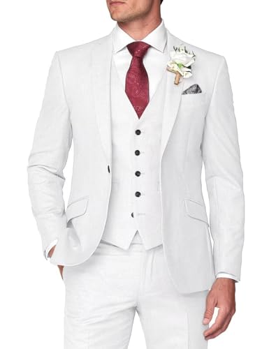 HUUTOE Herrenanzug, 3-teilig, schmale Passform, Abschlussball, Smoking für Herren, Hochzeit, formelle Herrenanzug, einfarbig, Blazer, Jacke, Weste, Hose, Weiss/opulenter Garten, L von HUUTOE