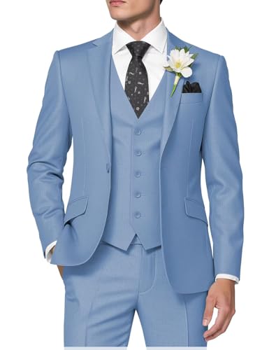 HUUTOE Herrenanzug, 3-teilig, schmale Passform, Abschlussball, Smoking für Herren, Hochzeit, formelle Herrenanzug, einfarbig, Blazer, Jacke, Weste, Hose, Dusty Blue, L von HUUTOE
