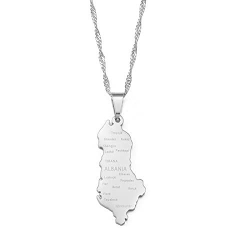 HUWAIYUNDONG Albanien-Karte Mit Halsketten Mit Städteanhängern, Albanischer Schmuck, Trendige Unisex-Regionskarten-Ornamente, Hiphop-Hochzeitsschmuck, Verstellbare Patriotische Kette, Silber, 60 Cm von HUWAIYUNDONG