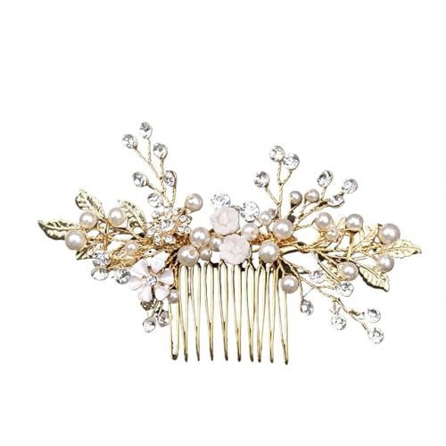 2 stücke Braut Kopfschmuck Hochzeit Perle Blume Haarnadel Seite Kamm Golden Leaf Shaped Legierung Tiaras Einsatz for Braut Kopfbedeckungen Für Damen Hochzeit(Gold style C) von HUWOYG