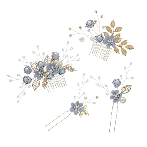 Braut-Haarschmuck for Frauen, Blumen-Perlen-Kopfschmuck, Hochzeits-Haarschmuck for Verlobungsfeiern Für Damen Hochzeit(Blue) von HUWOYG