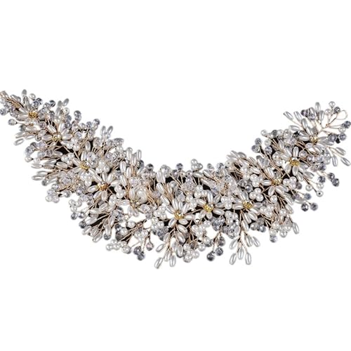 Braut Kopfschmuck Perle Kristall Blume Stirnband Hochzeit Haarschmuck for Frauen Party Prom Für Damen Hochzeit(Gold) von HUWOYG