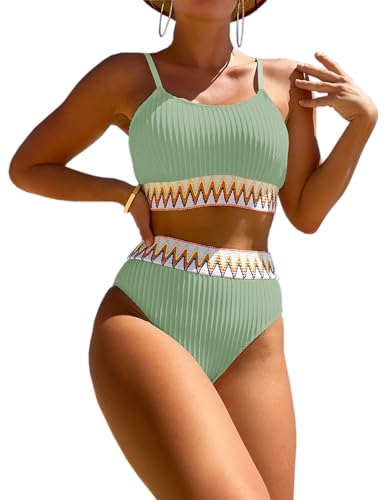 HUXRAKV Bikini-Sets für Damen Gepolstert Push Up Crop Top Badeanzug Zweiteiliger Hohe Taille Bedruckte Spaghetti Strap Bademode für Strand Schwimmbad Badebekleidung Beachwear Swimsuit,A-Hellgrün,XL von HUXRAKV