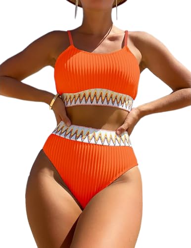 HUXRAKV Bikini-Sets für Damen Gepolstert Push Up Crop Top Badeanzug Zweiteiliger Hohe Taille Bedruckte Spaghetti Strap Bademode für Strand Schwimmbad Badebekleidung Beachwear Swimsuit,A-Orange,S von HUXRAKV