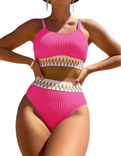 HUXRAKV Bikini-Sets für Damen Gepolstert Push Up Crop Top Badeanzug Zweiteiliger Hohe Taille Bedruckte Spaghetti Strap Bademode für Strand Schwimmbad Badebekleidung Beachwear Swimsuit,A-Rot,S von HUXRAKV