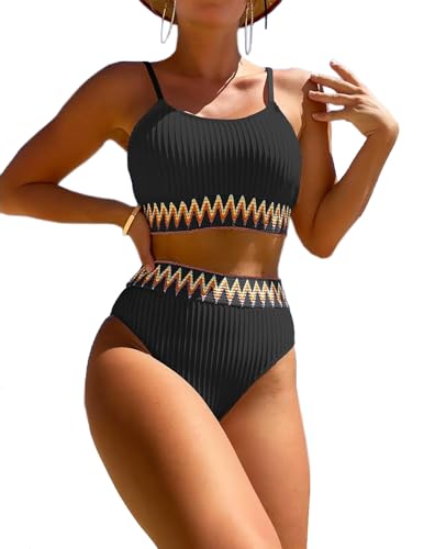 HUXRAKV Bikini-Sets für Damen Gepolstert Push Up Crop Top Badeanzug Zweiteiliger Hohe Taille Bedruckte Spaghetti Strap Bademode für Strand Schwimmbad Badebekleidung Beachwear Swimsuit,A-Schwarz,M von HUXRAKV