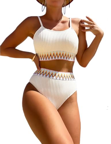 HUXRAKV Bikini-Sets für Damen Gepolstert Push Up Crop Top Badeanzug Zweiteiliger Hohe Taille Bedruckte Spaghetti Strap Bademode für Strand Schwimmbad Badebekleidung Beachwear Swimsuit,A-Weiß,M von HUXRAKV