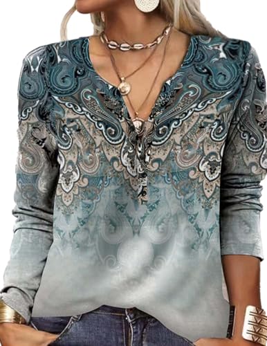 HUXRAKV Damen Bluse Langarmshirt Mode Digital Ethnic Print Casual T-Shirt Blusentop Oberteile Herbstshirts Winter,WD16-Blau 1,M von HUXRAKV