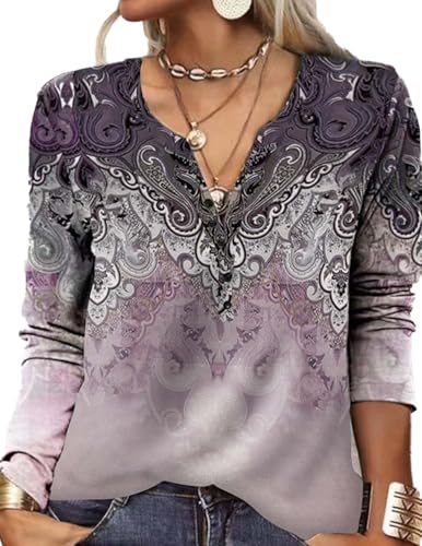 HUXRAKV Damen Bluse Langarmshirt Mode Digital Ethnic Print Casual T-Shirt Blusentop Oberteile Herbstshirts Winter,WD16-Rosa 1,L von HUXRAKV