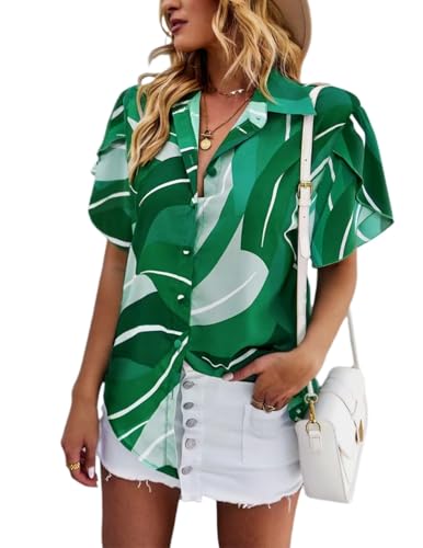 HUXRAKV Damen Blusen mit Button down Kragen Kurzarm Damenblusen Blütenblatt Ärmel Bedrucktes Blusentop Lose Oberteile Casual Hemd,WD40-Grün 1,S von HUXRAKV
