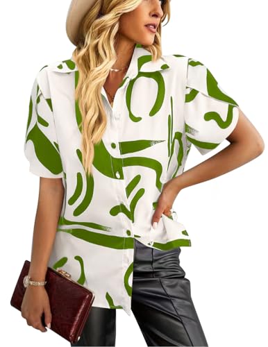 HUXRAKV Damen Blusen mit Button down Kragen Kurzarm Damenblusen Blütenblatt Ärmel Bedrucktes Blusentop Lose Oberteile Casual Hemd,WD40-Grün 2,XXL von HUXRAKV